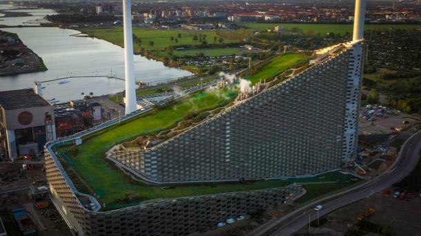 A drone view of Copenhill, an urban ski mountain in Copenhagen, Denmark